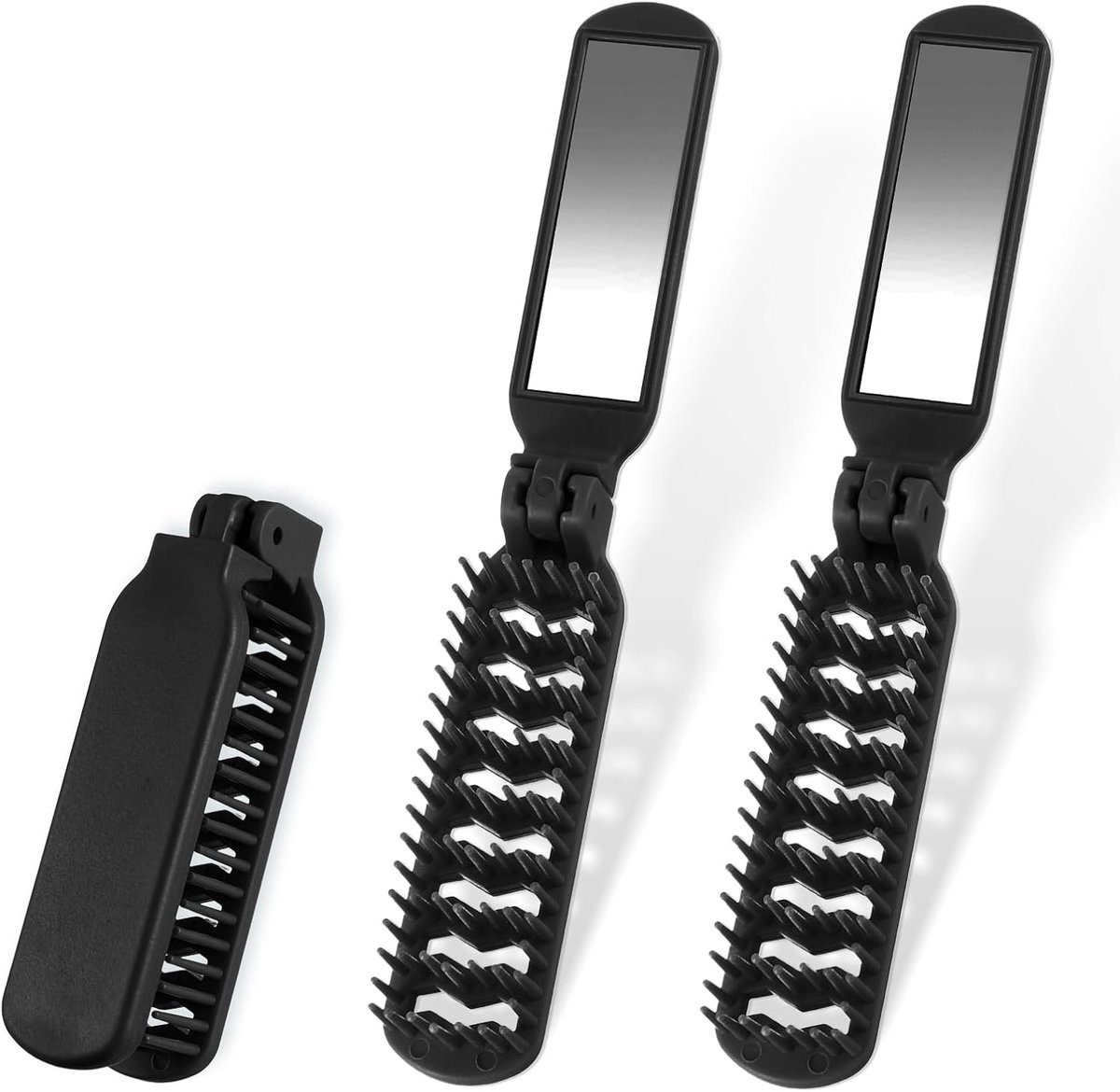 Thijox - 2x Opvouwbare Reisborstel met Spiegel - Zwarte Mini Haarborstel voor Dames en Heren - Compacte Kam voor Reizen, Baard en Haarverzorging