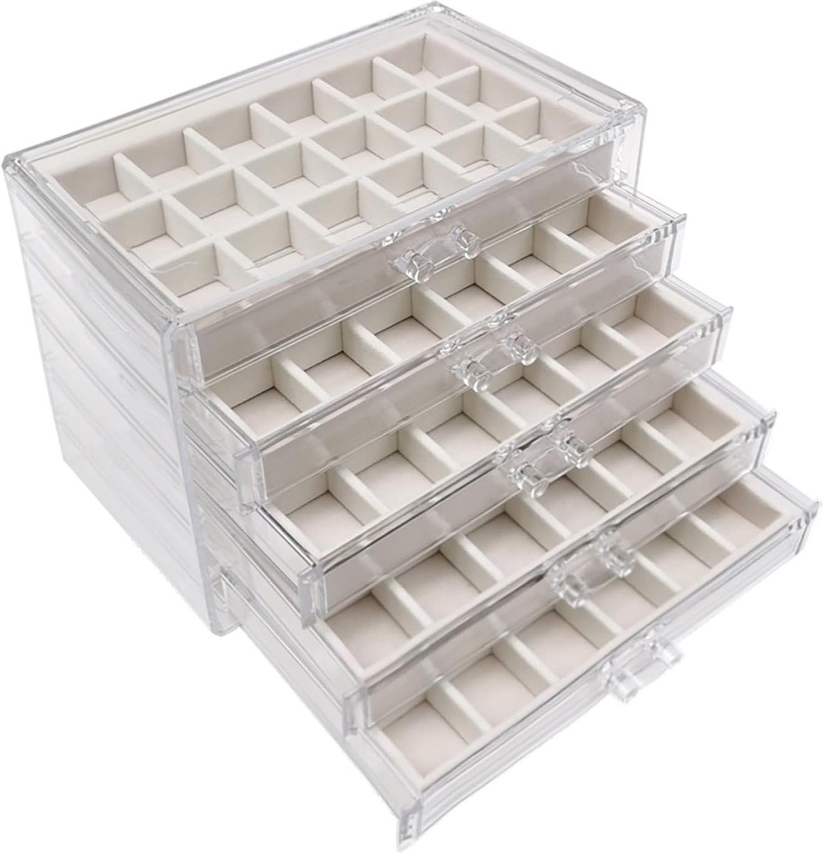 SnelShoppen - Luxe Sieradenbox, Sieraden Organizer, Oorbellen Opbergdoos, 5 Laags Met 90 Kleine Compartimenten, Stapelbare Velvet + Acryl Organizer Vo