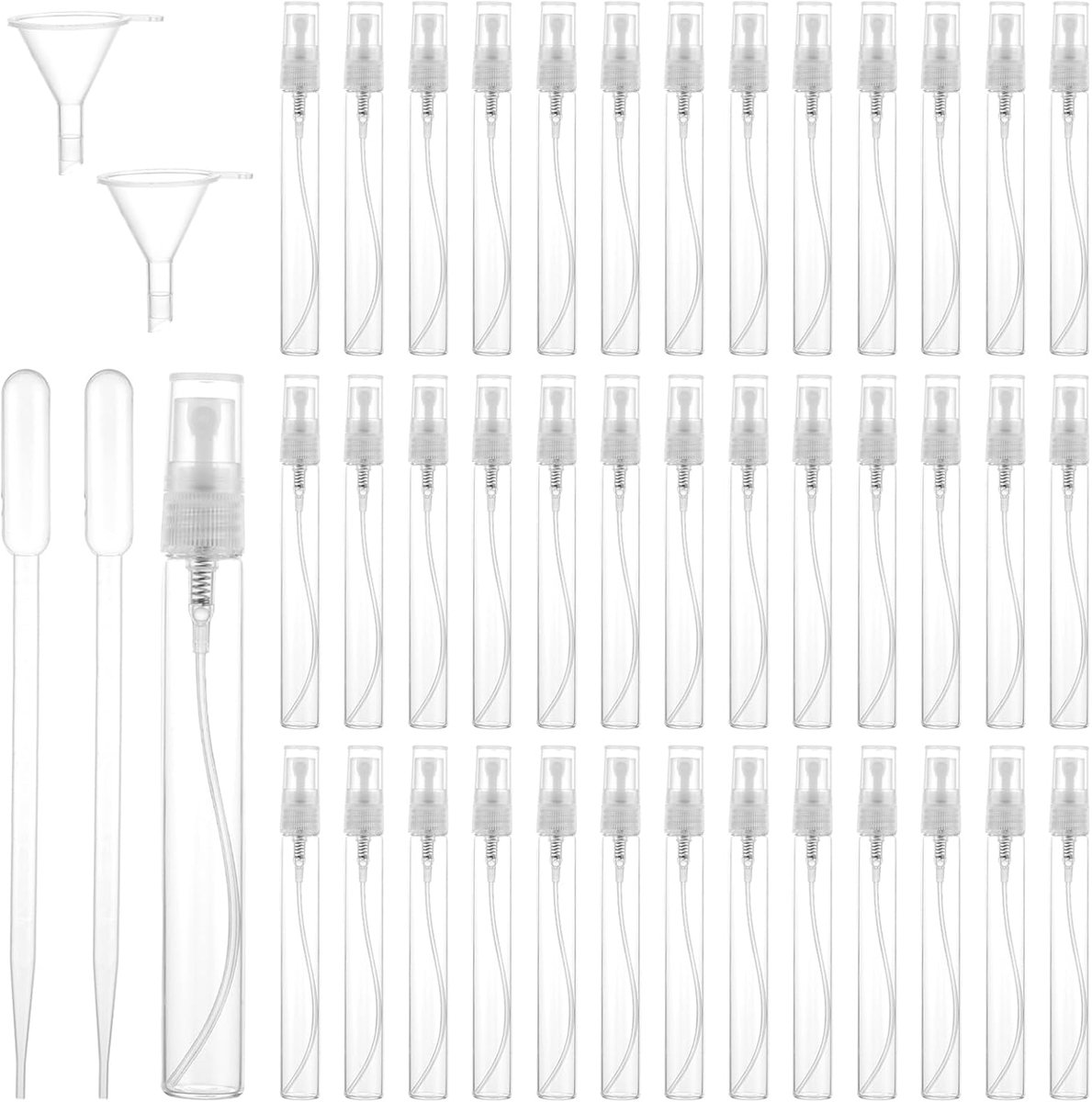 Thijox - 40 Stuks 10 ml Mini Fijnnevel Spuitflessen - Lege Parfumverstuiver van Transparant Glas - Reizen, Lichaamsverzorging, Cosmetica met Pipet en