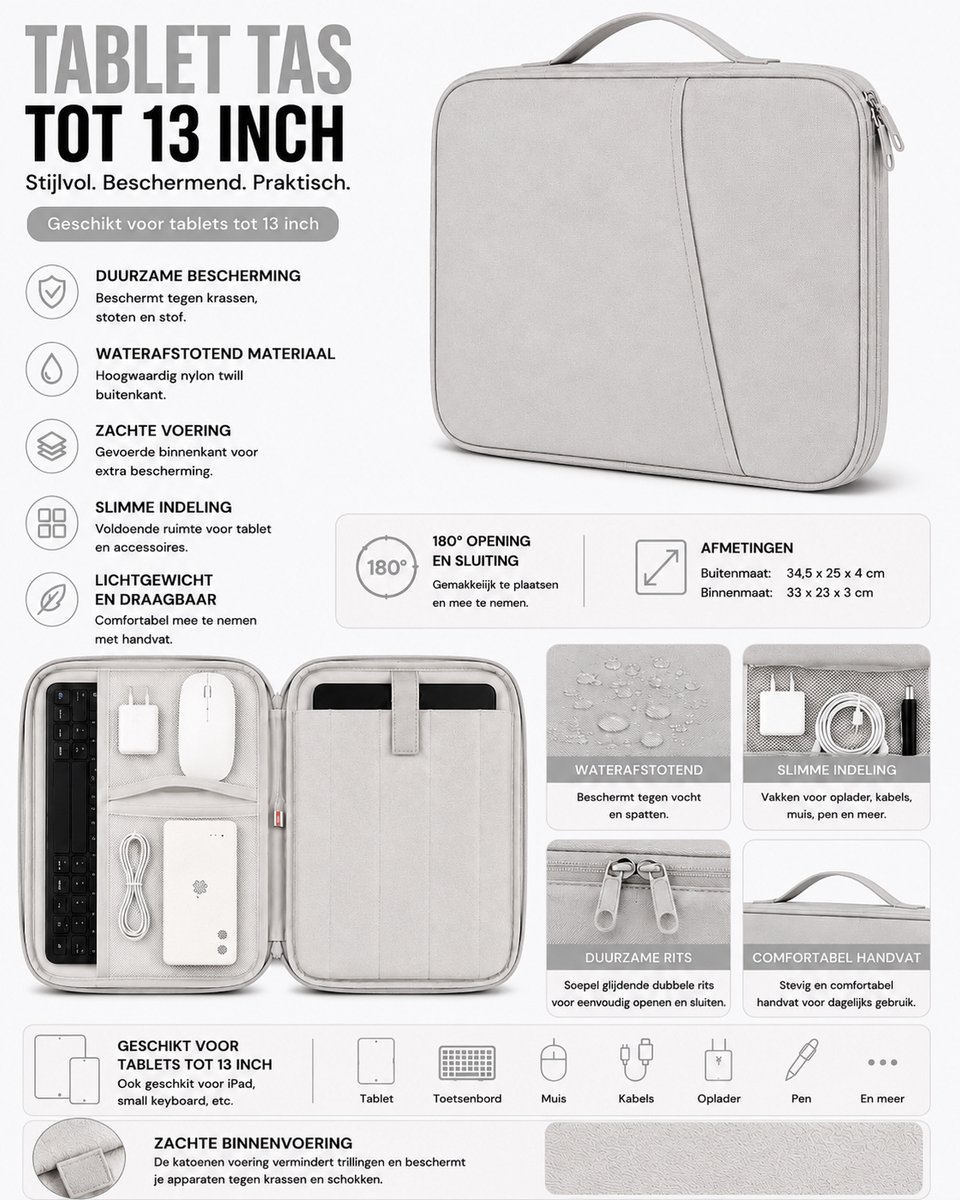 Tablet Organizer Tas 13 inch Lichtgrijs – Waterdicht – Beschermhoes met Opbergvakken – Geschikt voor iPad, Galaxy Tab & Tablets tot 13 inch