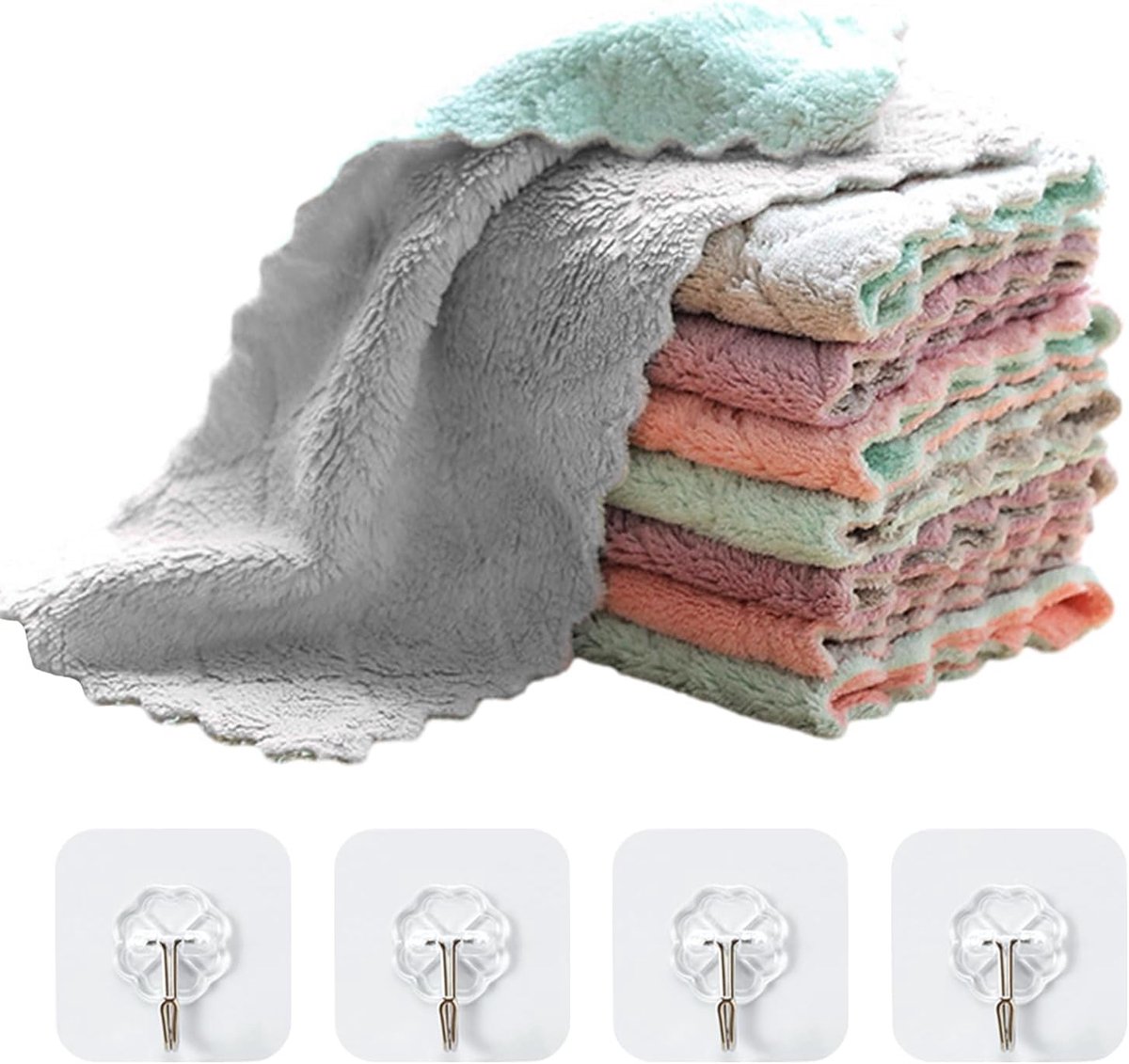 Thijox - 8 Koraalvlies Reinigingsdoeken met 4 Transparante Haken - Superabsorberende Theedoeken, Microvezel, Keukenaccessoires, Grijs-Groen, Grijs-Paa