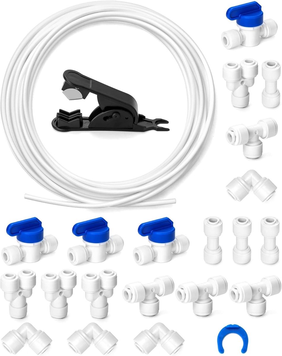 10 meter 6.35mm Waterinlaatpijp Universele Aansluitset met Y, T, I en L type, afsluitkraan en slangenschaar, geschikt voor de meeste vriezers en koelkasten