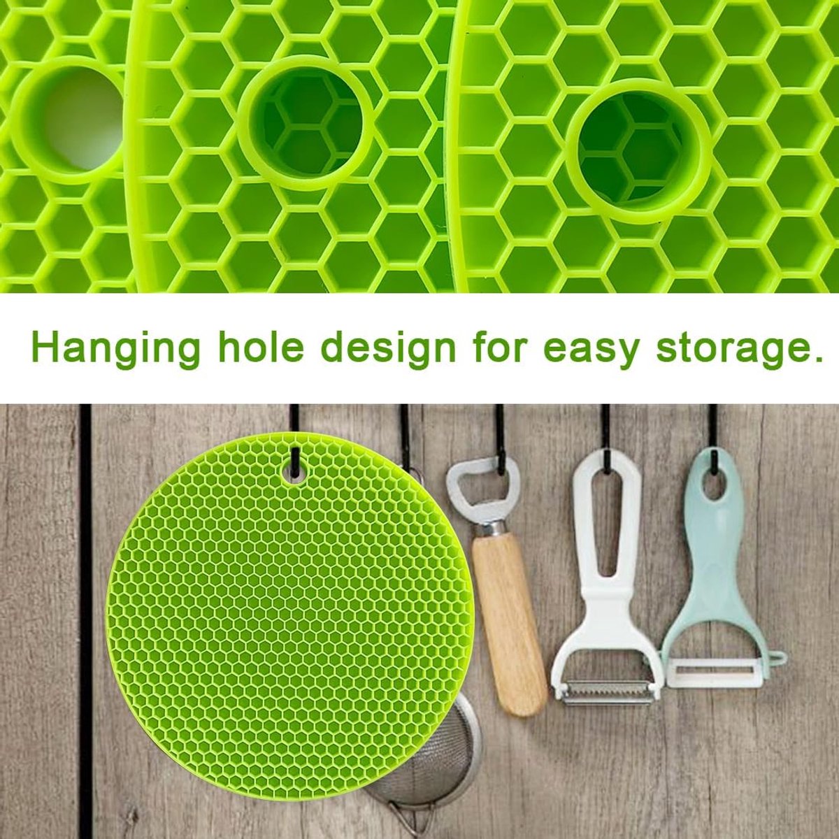 Thijox - Antislip Siliconen Hittebestendige Onderzetters voor Keuken, Set van 4 Ronde 18 cm Pads in Groen met Ophanggat voor Hete Pannen en Potten