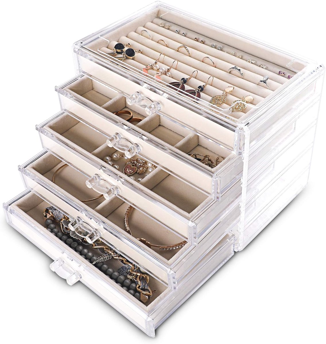 Thijox - Extra Grote Acryl Sieraden Doos voor Vrouwen en Meisjes - 5 Lagen Fluwelen Oorbel Organizer met 5 Laden voor Ringen en Kettingen - Beige en H