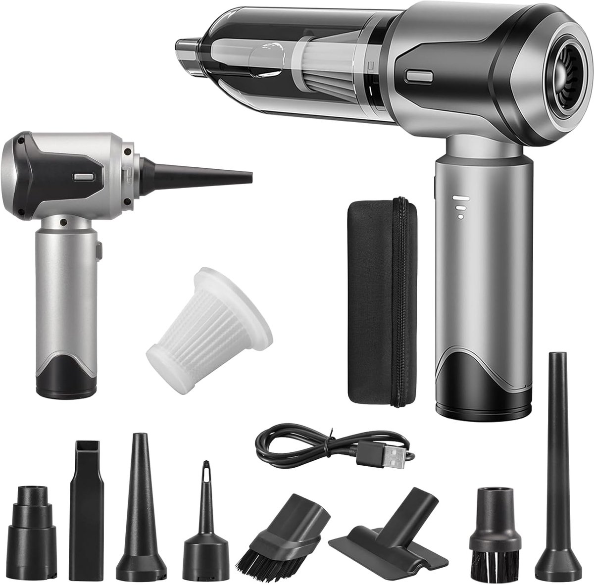 SnelShoppen - Handheld Stofzuiger 26000Pa Draadloos Mini Stofzuiger 4-in-1 Voor Auto, Huis, Huisdieren, Lichtgewicht Oplaadbare Stofzuiger Zilver