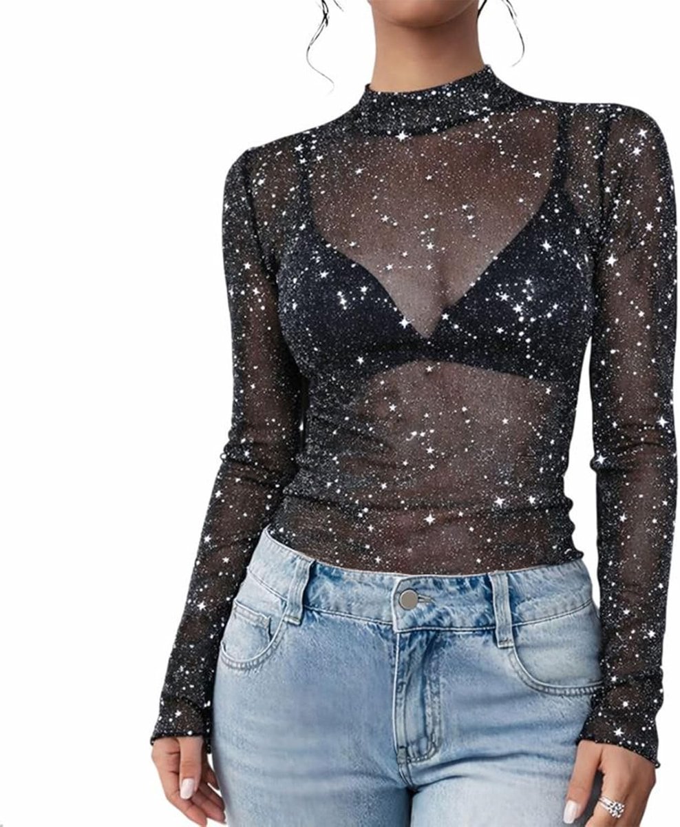 Glittertop voor Dames van Transparant Mesh met Pailletten - Sexy Metallic Shirt voor Carnaval en Feestjes