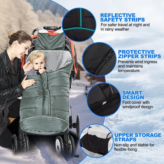 Thijox - Voetenzak Kinderwagen Winter Universeel, Waterdicht en Winddicht, Warm en Comfortabel, Met Ritssluiting, Trekkoord en Capuchon, Grijs, Perfec van Thijox — afbeelding 2
