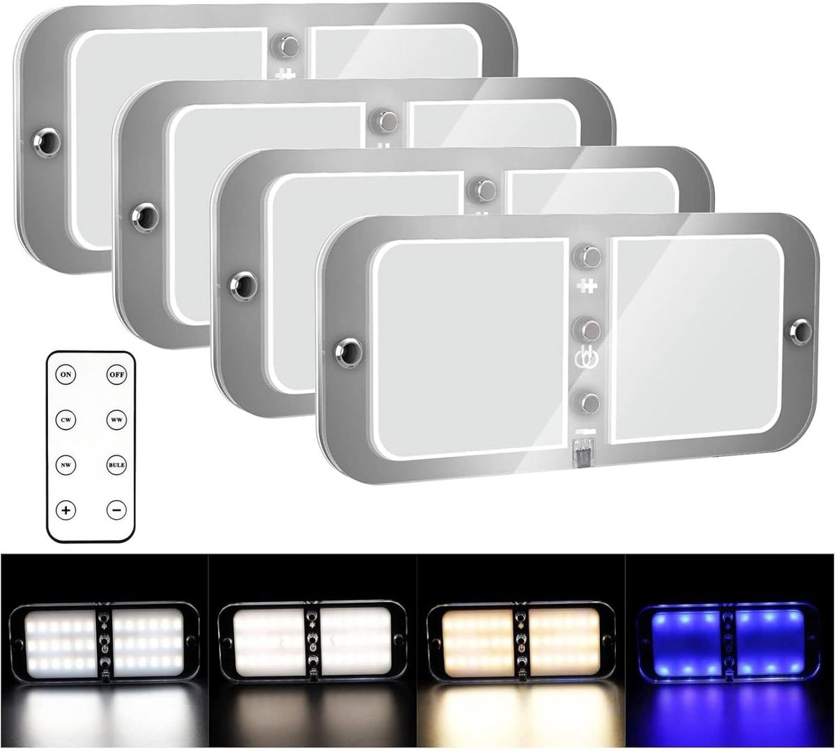 Thijox - 4 Stuks Dimbare LED Plafondlamp 12V met Afstandsbediening, 700 Lumen, 4 Modi, 3 Instelschakelaars, Perfect voor Campers, Auto en Binnenverlic