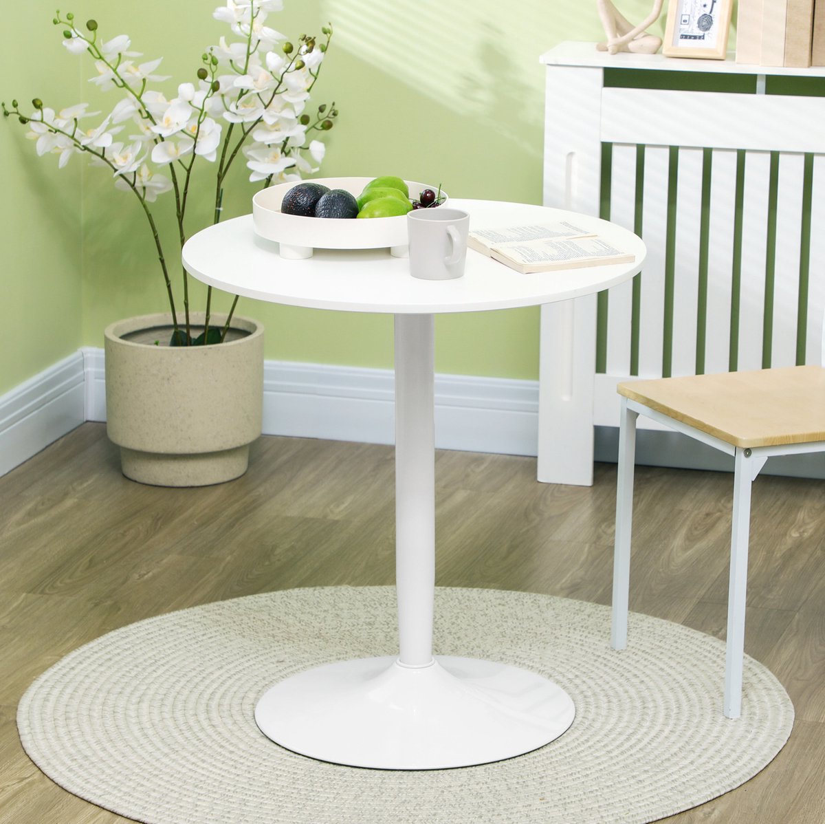 MEUNIQ Ronde eettafel 70 cm wit, keukentafel voor 2 personen, zuiltafel met MDF tafelblad en stalen onderstel, 75 cm hoog voor keuken of eetkamer