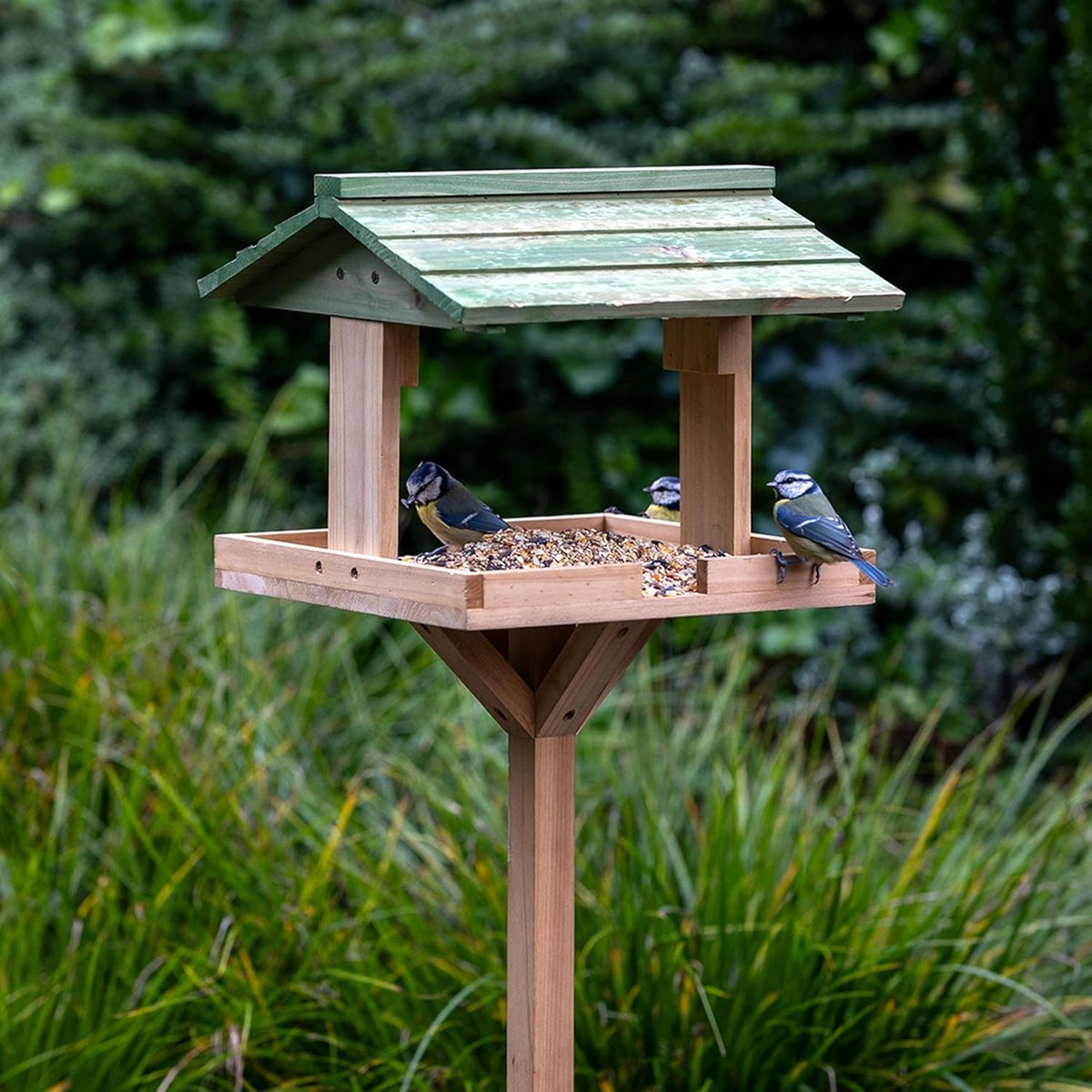 Thijox - Voedertafel op Paal voor Vogels - Houten Voederplek met Groen Dak - FSC 100% - Beschermd Tegen Weerselementen - Compleet met Montageonderdele