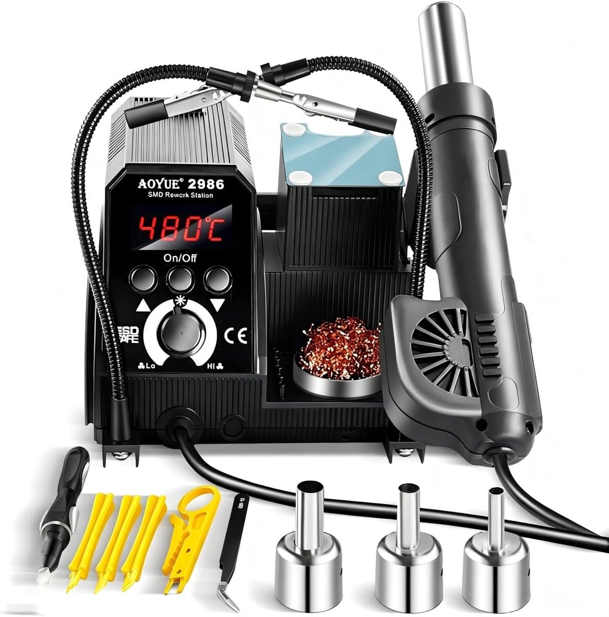 Thijox - AOYUE 2986 Hot Air Rework Station Kit 500W met 2 Helpende Handen, 3 Spuitmonden, Soldeerspoelhouder, Pincet en Vacuüm Pick-up Tool voor Preci