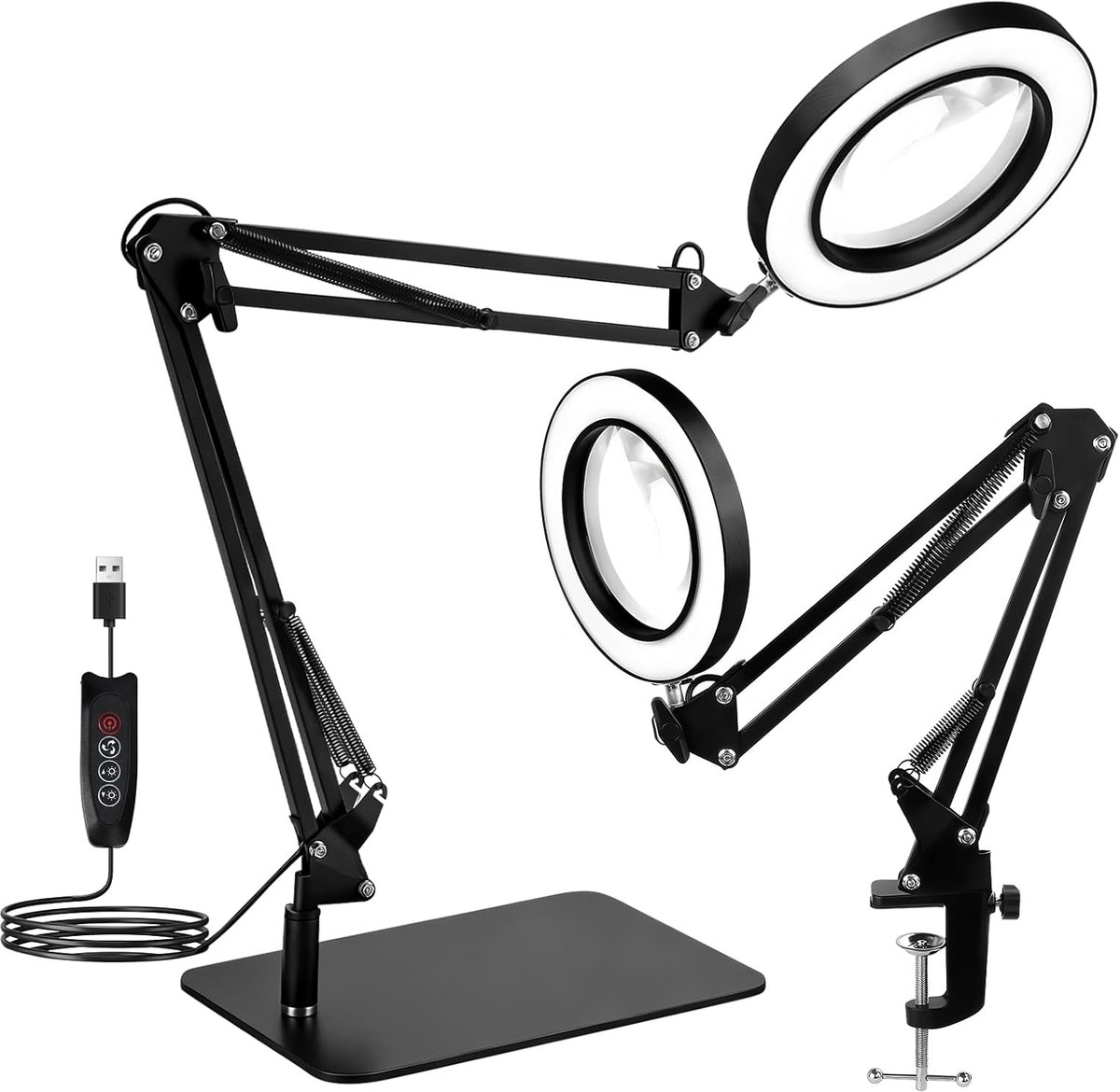 SnelShoppen - 15x Vergrootglas met Licht, LED Bureau Lamp met Basis en Klem, 120 LED's, 5 Inch Diameter, Echt Glas Lens voor Lezen, Werken en Reparere
