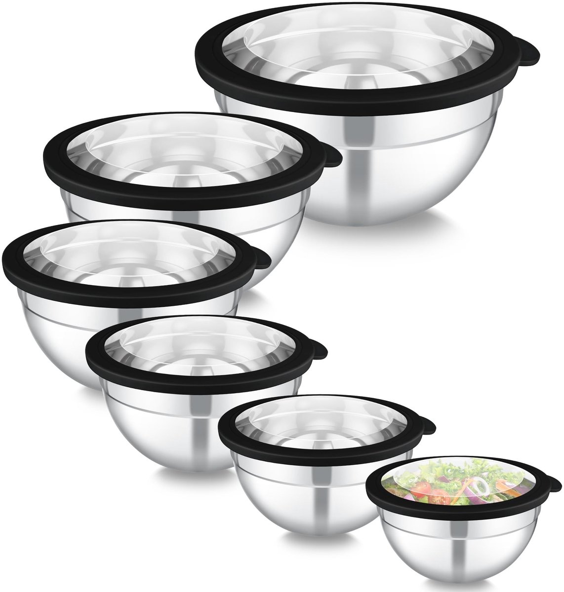 Dailygoods - Homikit 6-delig roerschaalset, roestvrijstalen schaal slakom met transparant deksel voor serveren, koken, bakken, schaalset 4,5 l/2,8 l/2,5 l/1,6 l/1,2 l/0,7 l, stapelbaar & vaatwasmachinebestendig