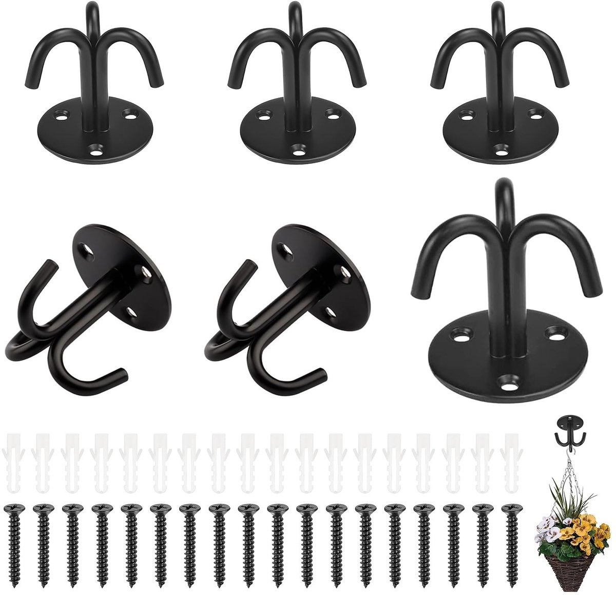 Dailygoods - Ceilling Mount Hooks - Zware Haak - Voor Planten en Lampen - Zwart - Multifunctionele Wandbevestiging - 6 Stuks - Geschikt voor Binnen en...
