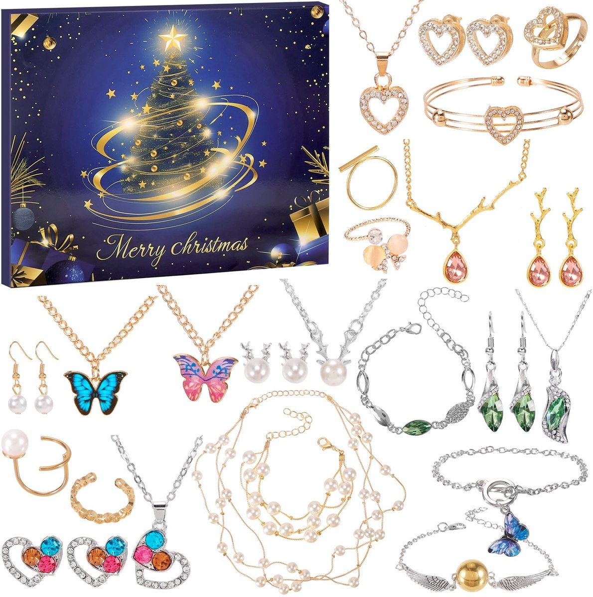Dailygoods- Adventskalender 2025 - Sieraden - 24 Verrassingen - Halsketting/Ring/Oorbellen - Kerstcadeau voor Dames - Aftelkalender Kerstmis - Sieradenkalender