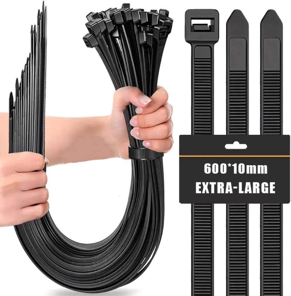Thijox - 50 Stuks Grote Lange Kabelbinders 600 mm x 10 mm, UV-bestendig, Ultra Sterke Kabelbinders met 100 kg Treksterkte, Zwart voor Tuin, Klussen en