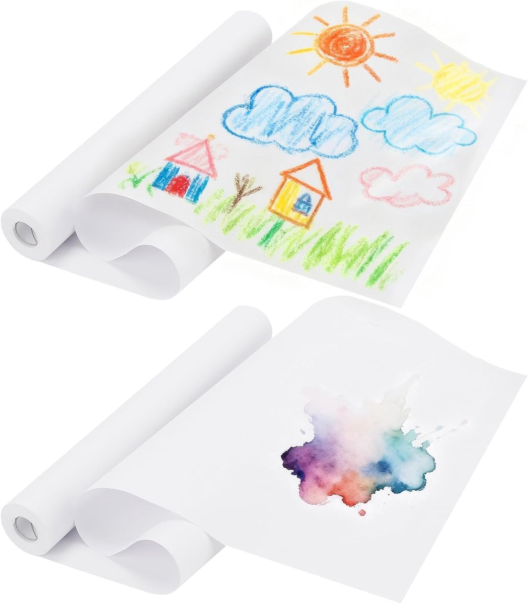 2 Pack witte tekenpapier rol 44cm x 25m voor kunst, schilderen en schetsen, ideaal voor creatieve projecten en geschenken