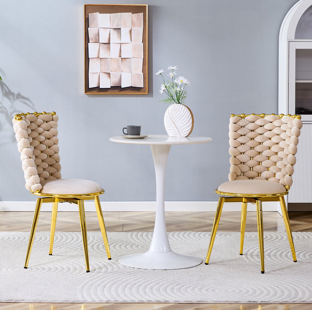MIVRAY Eetkamerstoel - Luxe Velvet Design - Set van 2 - Gevlochten Rugleuning met Gouden Metalen Poten - Voor Eetkamer en Woonkamer - Beige