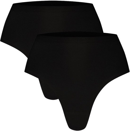 Twee zwarte high waist strings, met hoge taille.