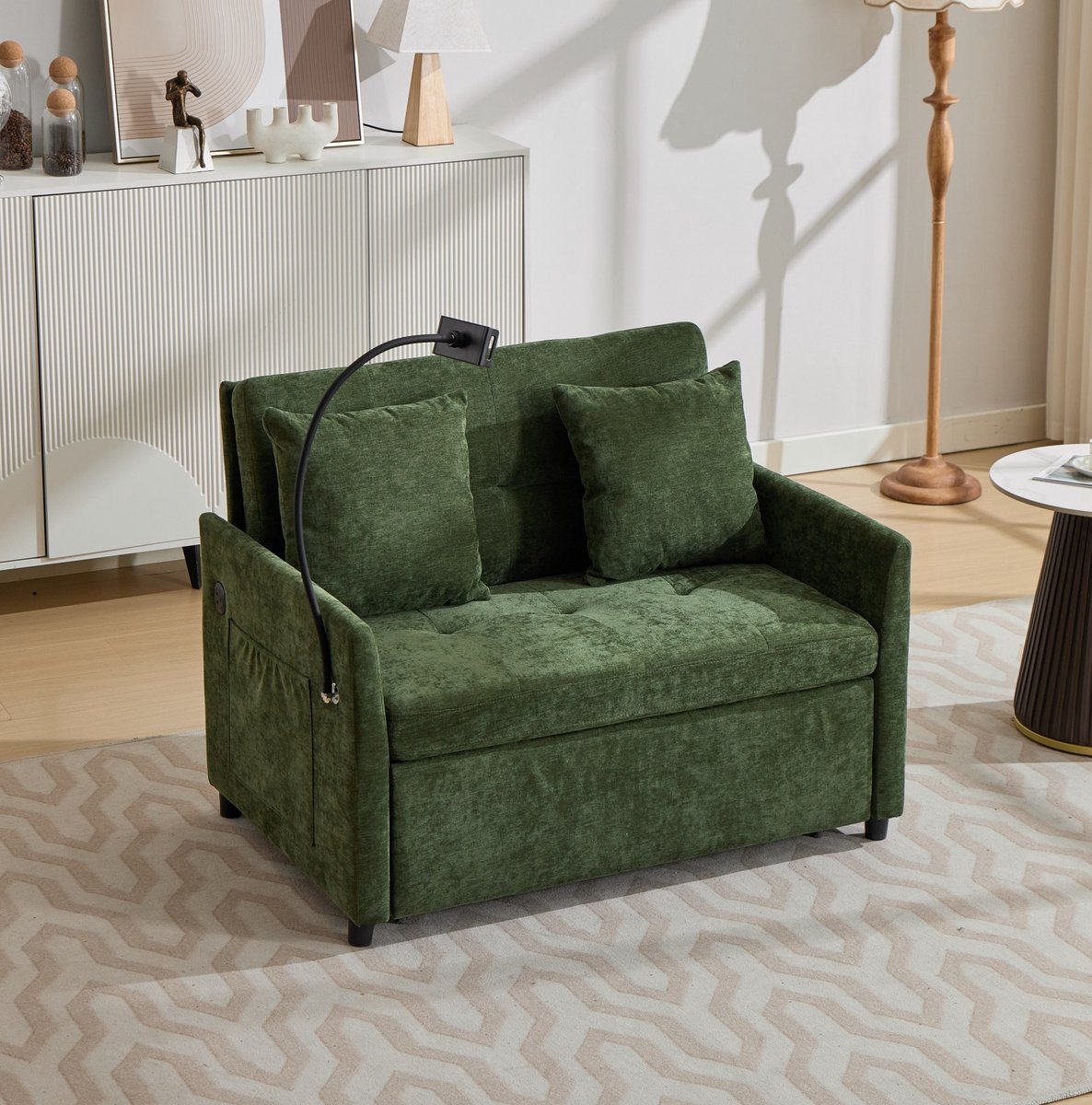 FloraGrace Slaapbank – 1-Zits Uitklapbare Bank Met USB-Oplaadpoort & Tablethouder – Voor Woonkamer, Kantoor & Studio – Polyester – Groen