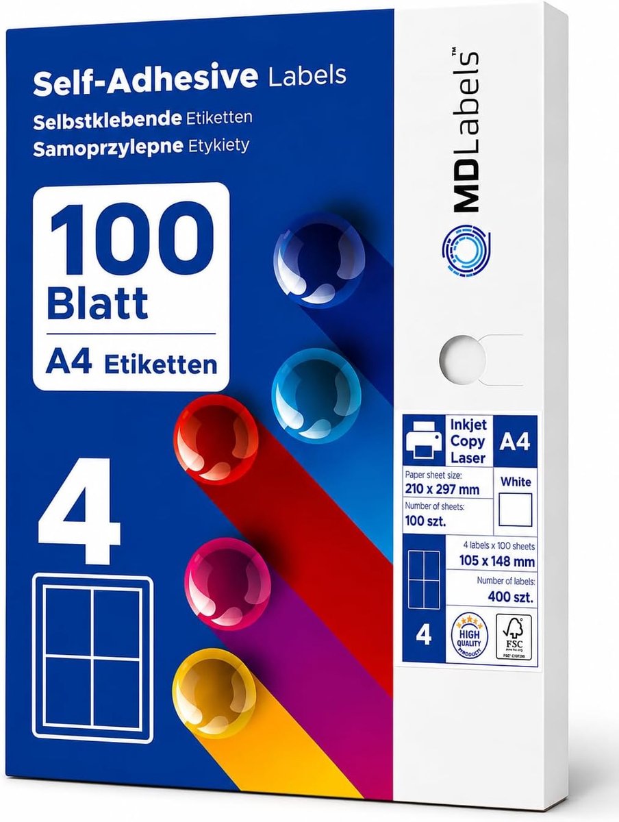 Thijox - Zelfklevende Etiketten 105 x 148 mm - 100 Vellen - 400 Adresetiketten voor Verzenddozen, Labeling, Organiseren, en Meer
