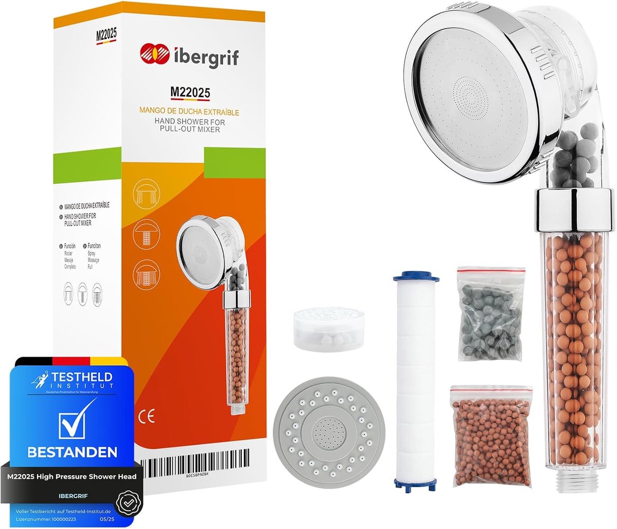SnelShoppen - Hogedruk douchekop met filter, 3 straalsoorten, antikalk, handdouche voor hard water, drukverhoging bij lage waterdruk, universele G1/2-