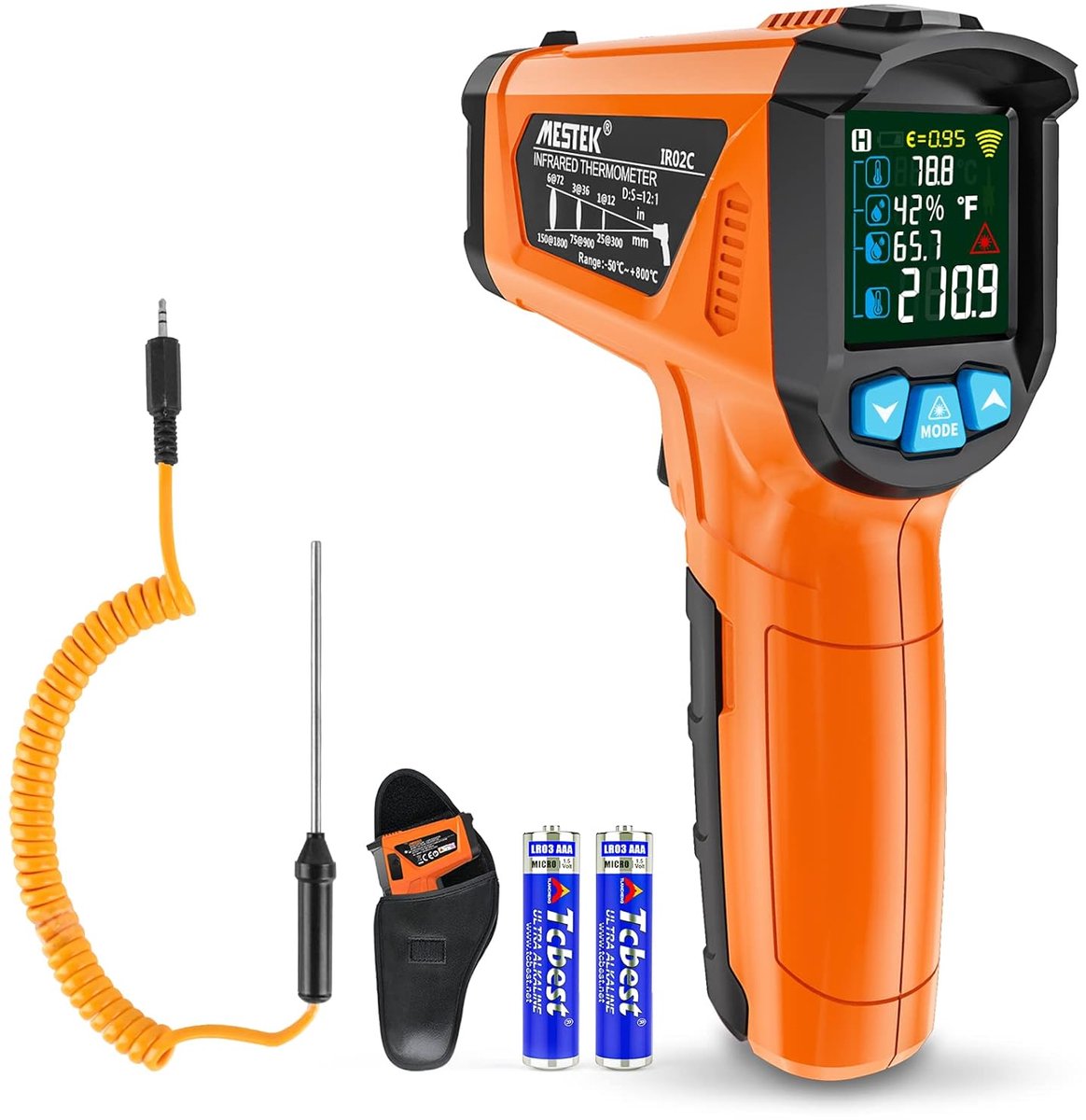 Thijox - Infrarood Thermometer Digitale Laser Temperatuurmeter IR Pyrometer met K-sonde -50°C ~ 800°C Contactloze LCD-Kleur, Alarmfunctie, Instelbare