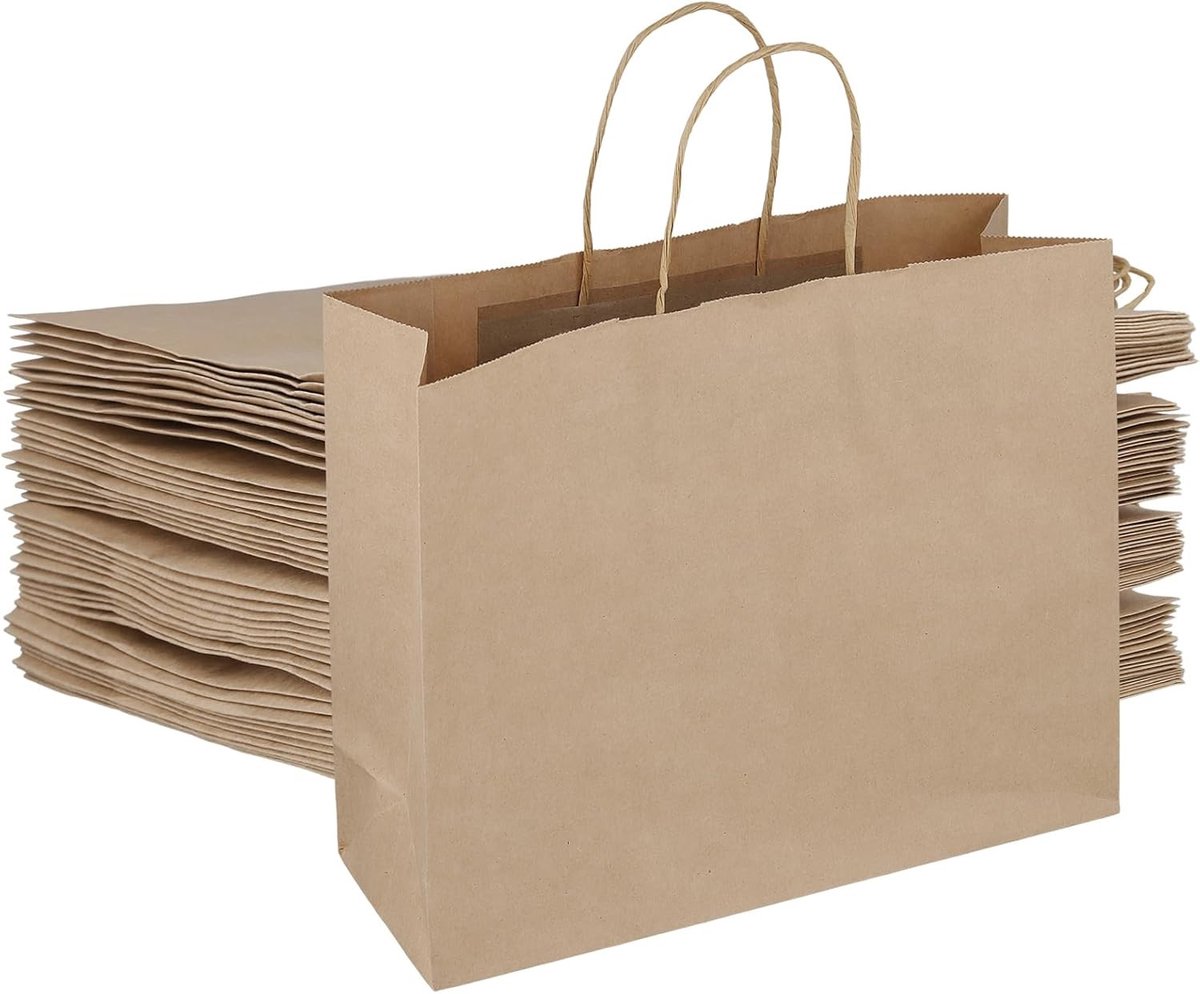 Grote papieren geschenkzakken met handgrepen - 40 stuks Kraft zakken voor feesten, bruiloften en verjaardagen - 32 x 11 x 25 cm bruine papieren zakken voor winkelen en cadeaus