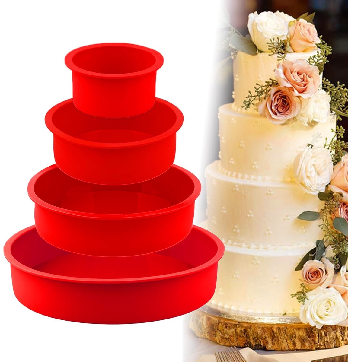 Dailygoods - Set van 4 siliconen bakvormen, rond, cakevormen, siliconen set, 10 cm, 15 cm, 20 cm, 25 cm, antiaanbaklaag siliconen cakevorm, voor cakes, cheesecakes (rood)