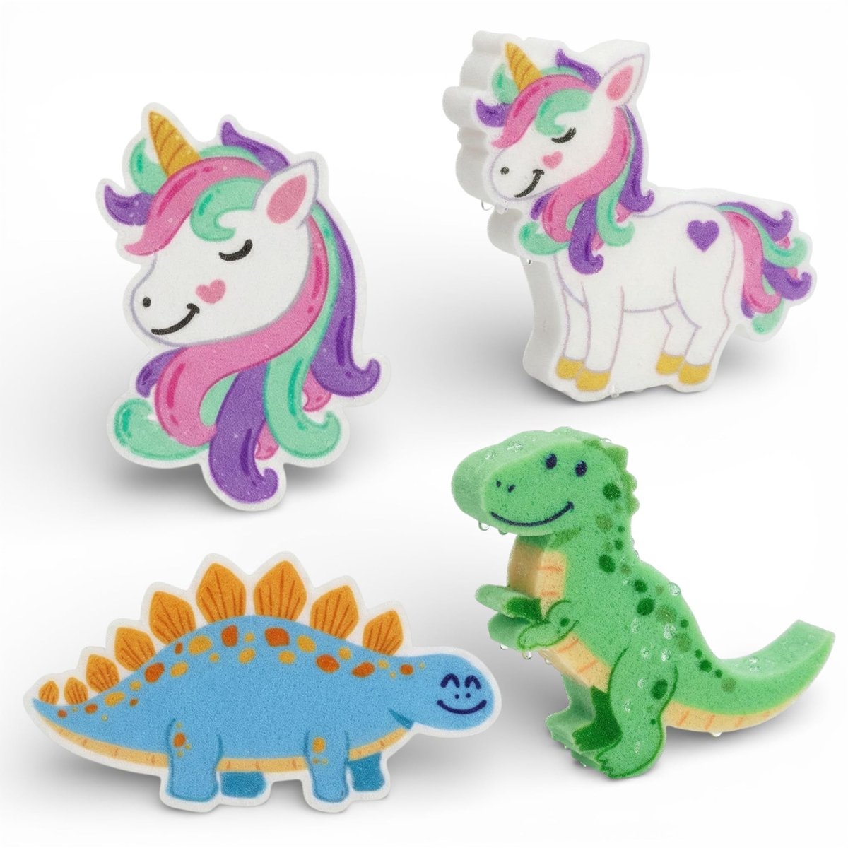 Dailygoods- Badspons Magisch - Set van 4 - Eenhoorn/Dino - Wasbaar - Herbruikbaar - 10 cm - Natuurlijke Cellulose - Sponzen