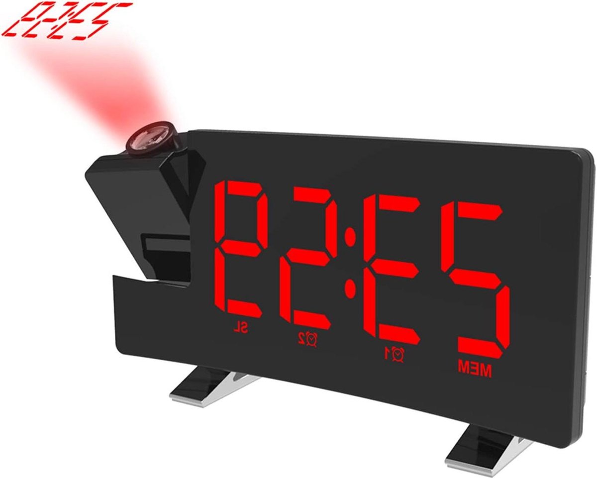 Digitale Wekker - Projectieklok FM Radio - Wakker Worden - 180 Graden Projectie - 18 x 9.5 cm - Wit