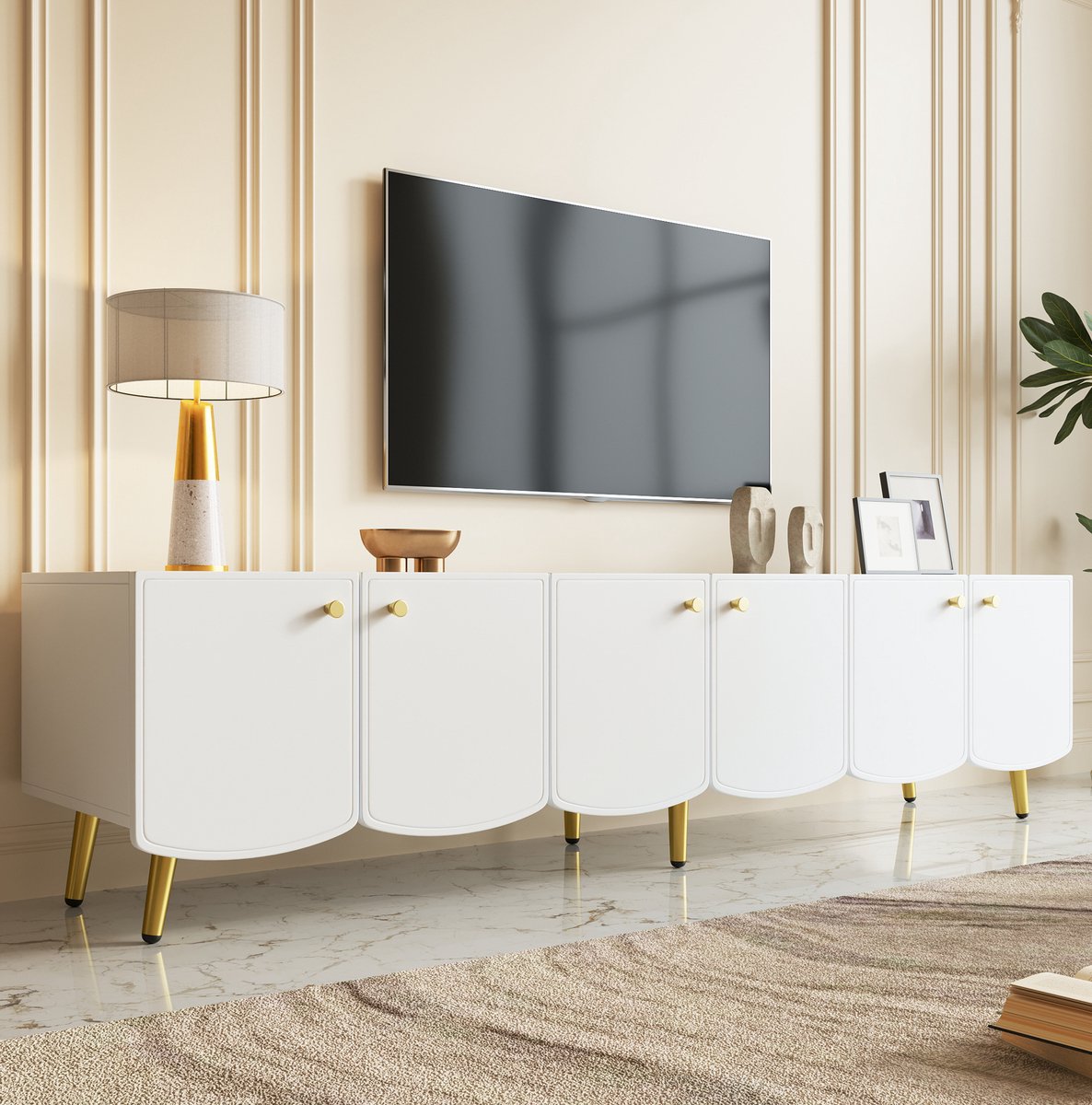 MIVRAY Dressoir - Tv Meubel Met 6 Deuren En Goudkleurige Poten - Voor Woonkamer En Slaapkamer - Spaanplaat - 180x40x45 Cm - Wit Goud