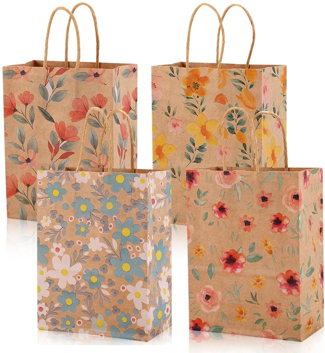 Dailygoods- Papieren Zakken Groot - 16 Stuks - Papieren Draagtassen - Papieren Zakken met Handvat - Kraft Zakken - Bloemenpatroon - 27 x 21 x 11 CM - Geschenkzakken