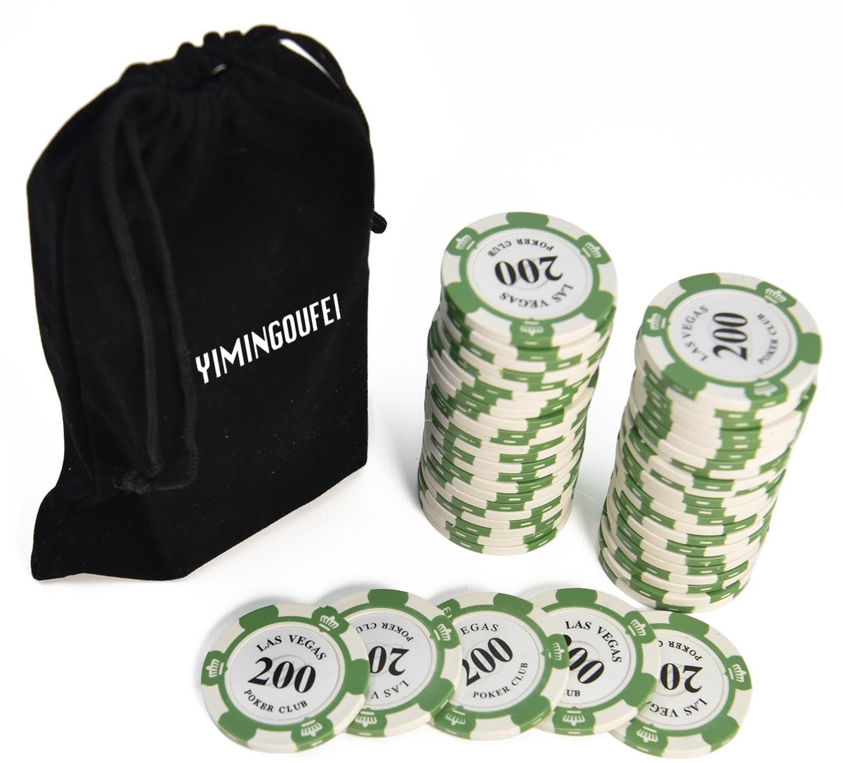 Dailygoods- Pokerchips Booster Pack - 50 Kleischips - 50 Chips met 200 Coupures - Zwarte Opbergtas - 13 Gram per Chip - 40 mm Diameter - Speelchips