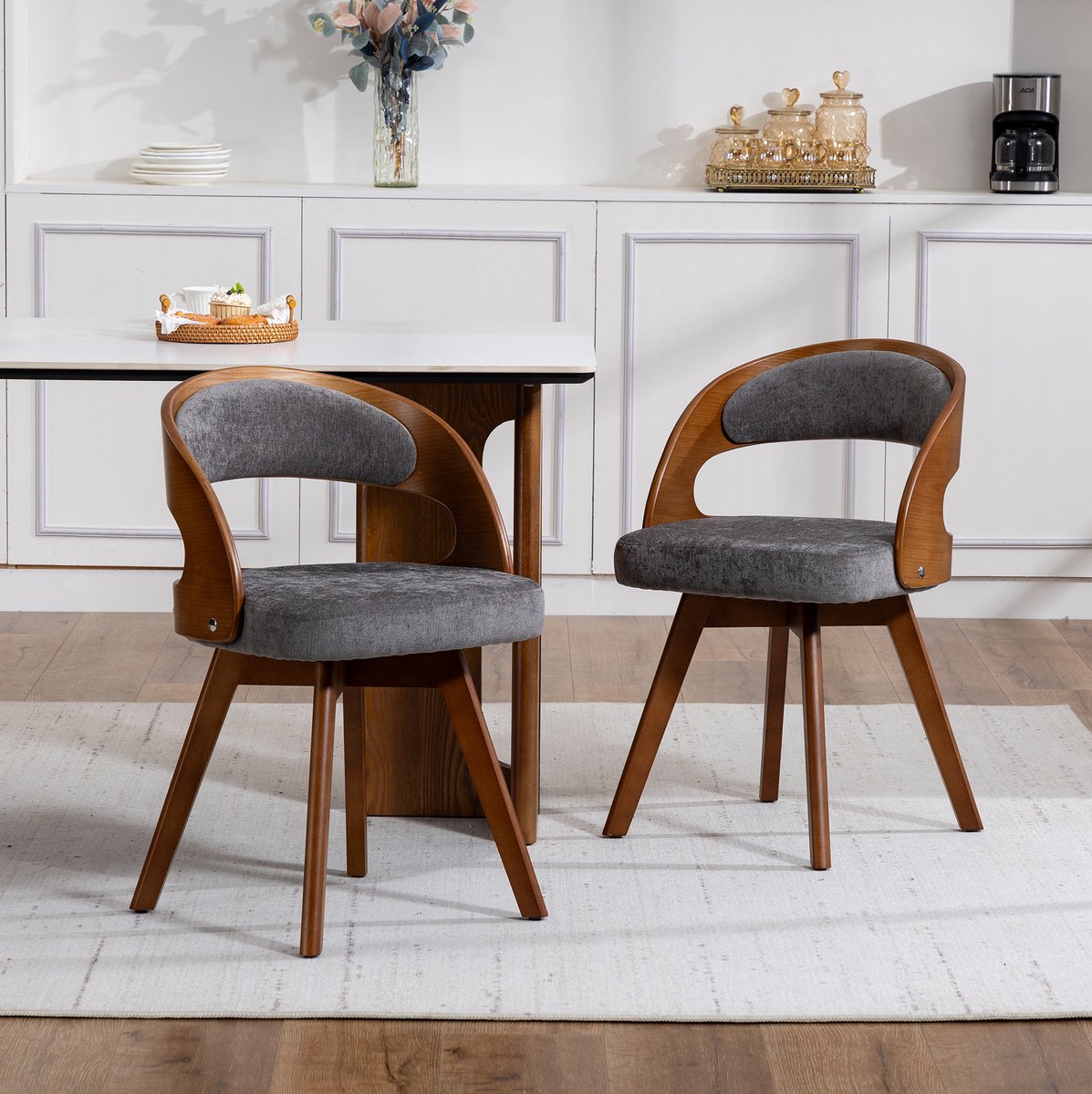 DESMIU Eetkamerstoel 44 x 41 x 75 cm - Draaibaar Met Armleuningen En Gebogen Rugleuning - Voor Eetkamer Keuken En Cafe - Linnen Grijs