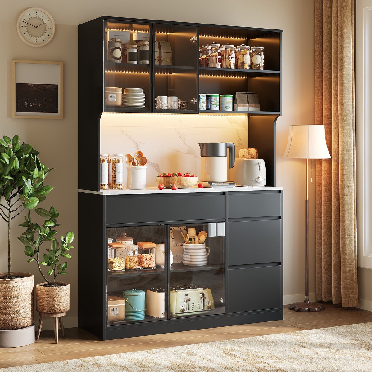 MIVRAY Dressoir - Hoge Kast Met LED-Verlichting En Glasvakken - Voor Woonkamer En Eetkamer - MDF - 120x40x180 Cm - Zwart Wit