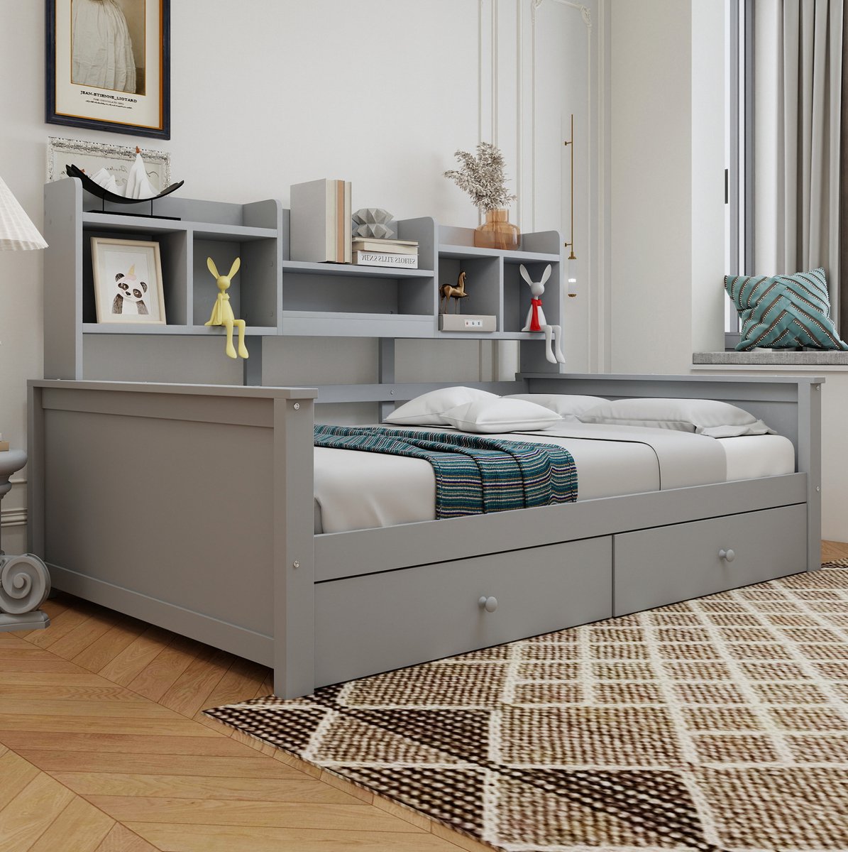 MEUNIQ slaapbank 90x200 cm met 2 lades en opbergvakken, lattenbodem, eenpersoonsbed voor kinderkamer of jeugd slaapkamer, grijs