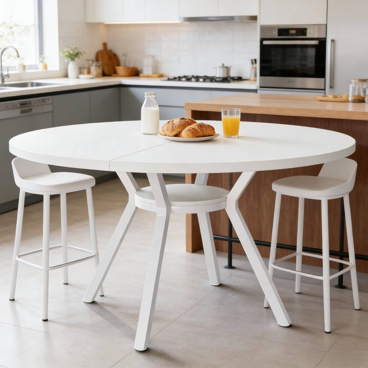 HAUSS SPOLE Eettafel - Ronde Witte Tafel Voor 4 Tot 6 Personen - Voor Eetkamer Keuken Of Ontvangstruimte - Hout En Metaal - 120 x 76 cm