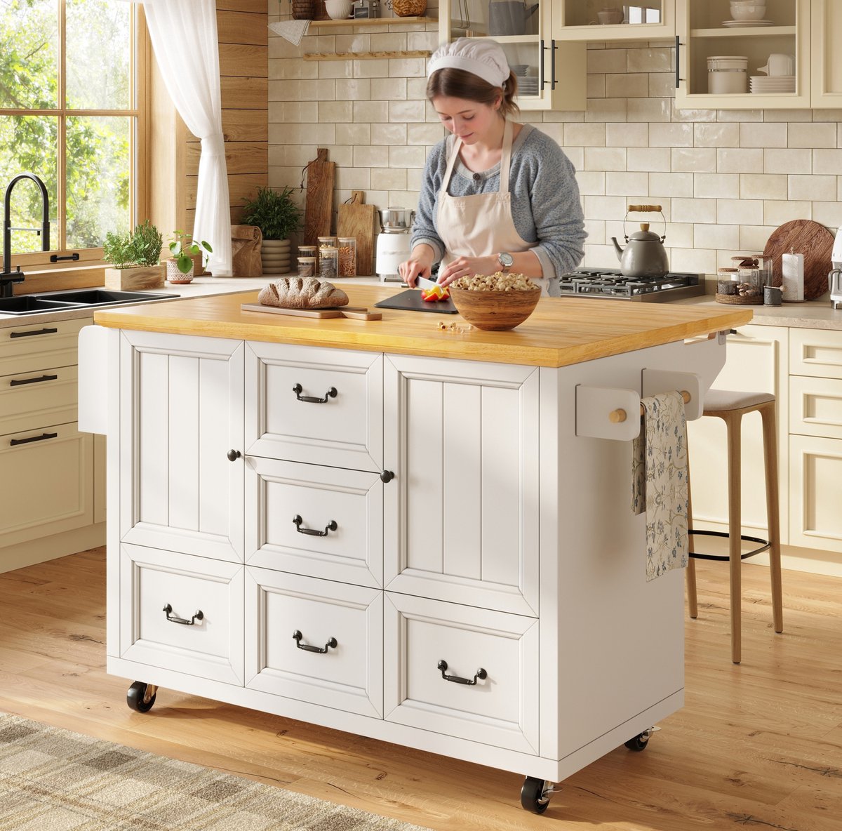 DESMIU Keukenkast - Mobiel Keukeneiland Met Inklapbaar Blad - 2 Deuren En 5 Lades Voor Keuken En Eethoek - MDF En Metaal - 120x73x93 Cm - Wit