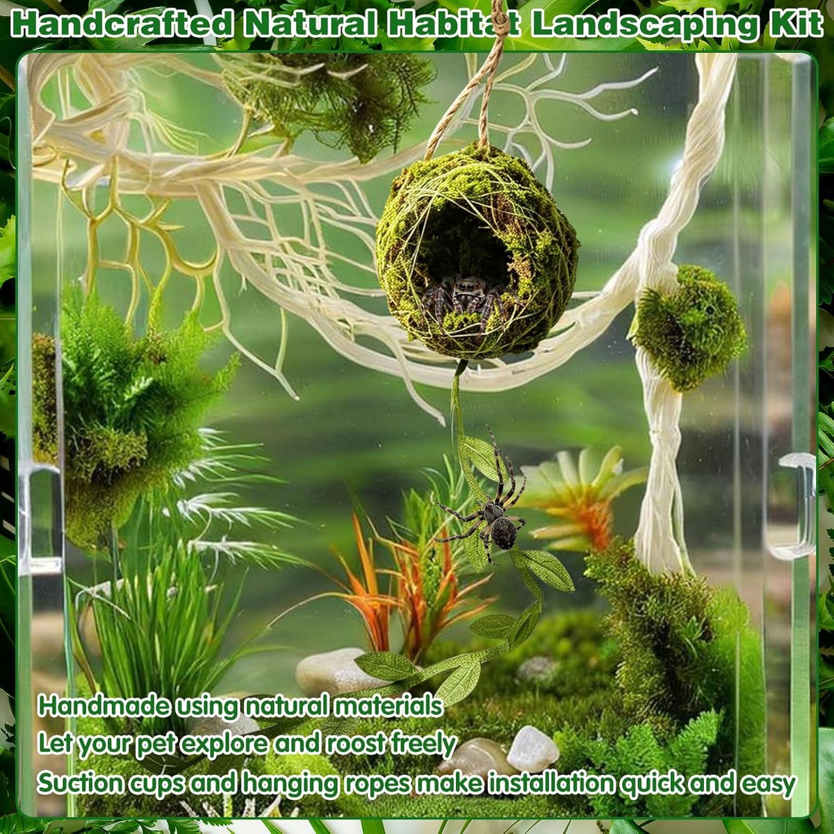2Stk Mos Schuilplaats Accessoire voor Springspin en Gekko, Terrarium met Ophangband & Kleefhaken, Handgemaakte Natuurlijke Schuilplek met Rank, Leuke Habitat voor Klimmende