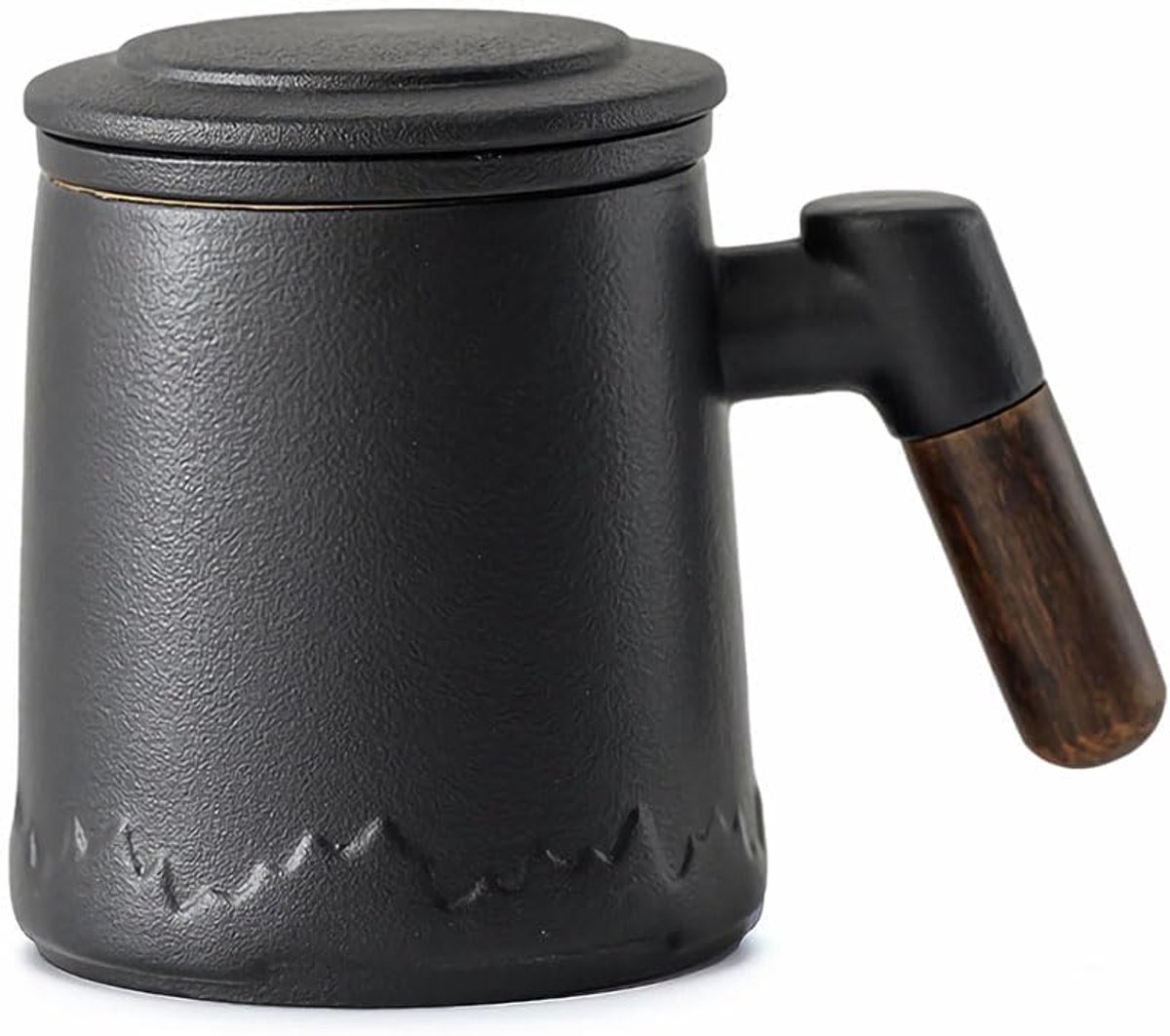 Theekop van keramiek, matte keramische theekopjes met theezeef en deksel, groot houten handvat, theebeker voor dagelijks en kantoorgebruik, 350 ml, zwart