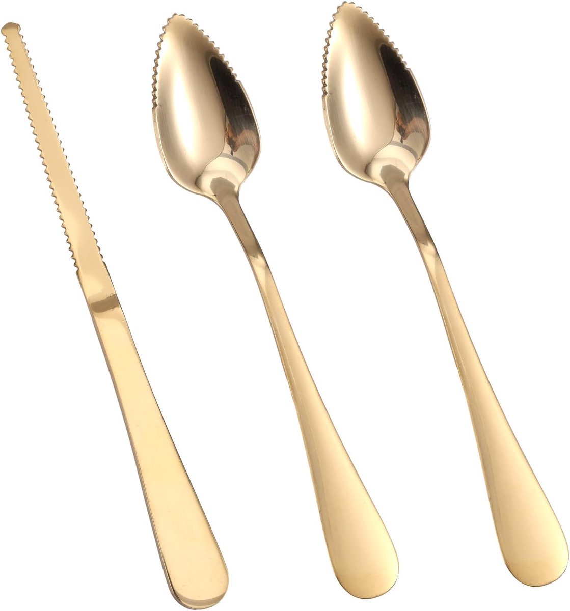 3st Gekartelde Grapefruit Lepels en Mes Set, Roestvrijstalen Gebogen Serveerhulpmiddelen Grapefruit voor Citrus Citroen Kiwi Meloen Limoen Pitaya Fruit Eetgereedschap (Goud)