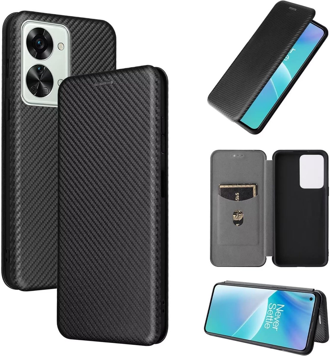 Hoesje voor OnePlus Nord 2T 5G,koolstofvezel schokbestendig PU Lederen Portemonnee hoes,met Kaartsleuf,Standaard,Magnetische,Flip Wallet Phone Cover Case,beschermend telefoonhoesje- zwart