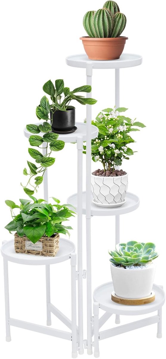 5-laagse plantenstandaard, metalen bloemenstandaard, opvouwbaar bloemenrek, plantenrek, afneembaar, moderne stijl, decoratie, plantentrap voor balkon, terras, bloemenwinkels (wit)