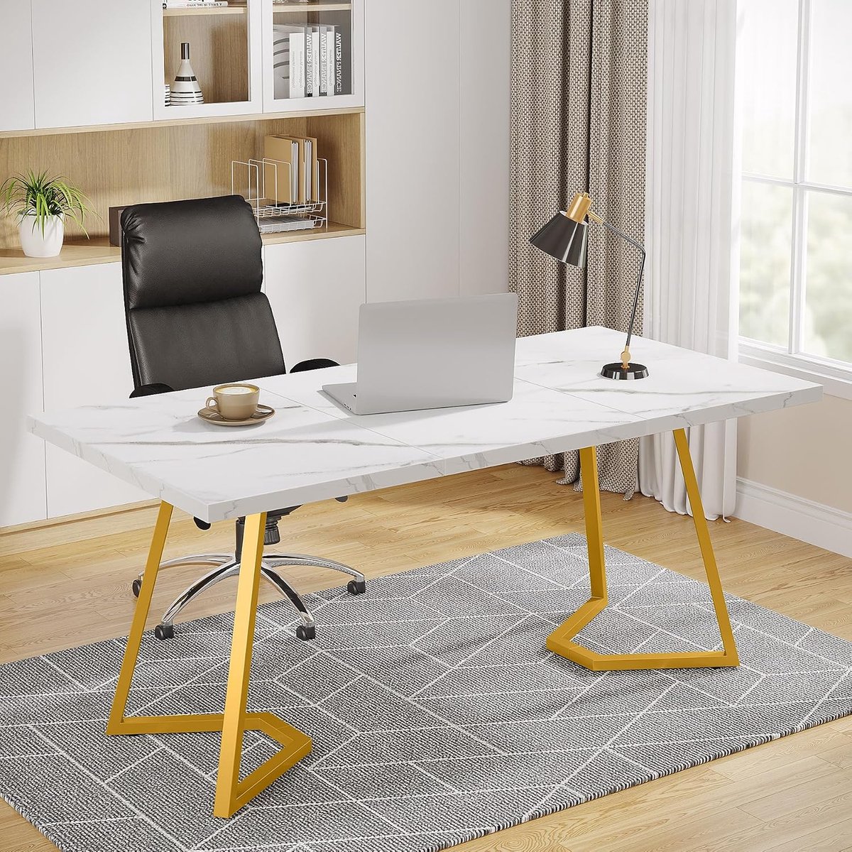 Bureau, computertafel, 140 x 80 x 75 cm, kantoortafel, werktafel, eettafel, kantoormeubels, computertafel, vergadertafel voor thuiskantoor, wit en goud
