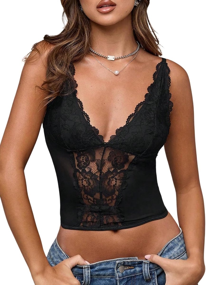 Korsettop voor dames, elegant, kant, bovenstuk met V-hals, bustier, tanktop, mouwloze zomertops, kanten top, spaghetti tops, bandtop