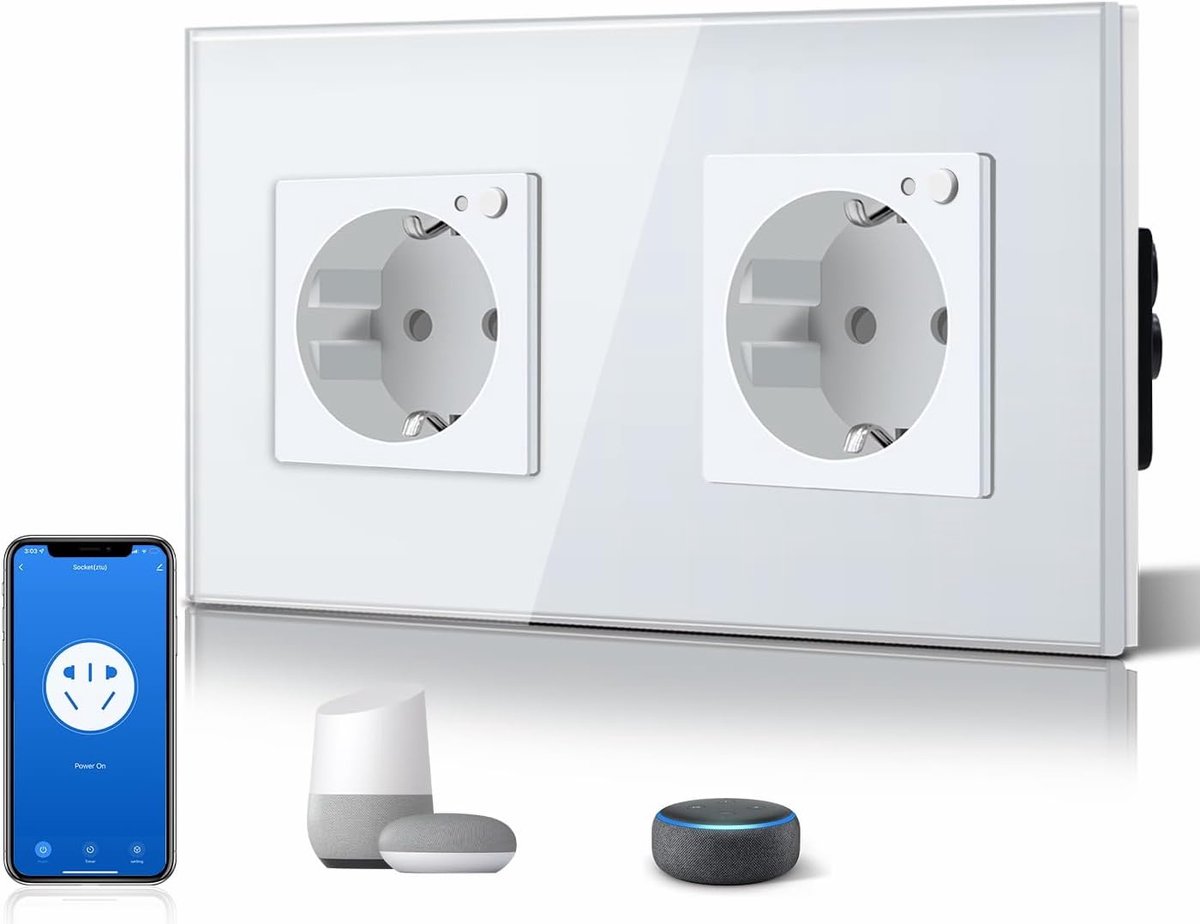Glazen Schuko-stopcontact, met wifi, 16 A, 2-weg, 157 mm, inbouw, app-bediening, dubbel stopcontact, compatibel met Alexa, DIY Free Spin, slechts 2,4 GHz (wit)