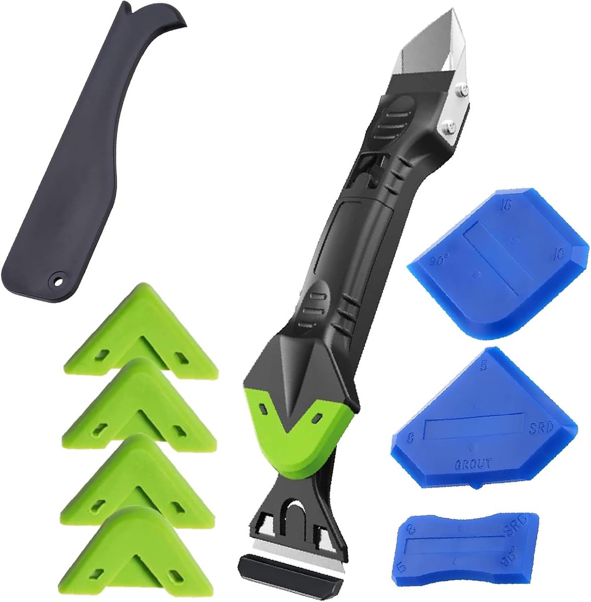 verwijderaar, gereedschapsset, siliconen trekker, 5-in-1 voegenschraper, 6 verwisselbare siliconen pads, afdichtingsmondstukken, voor keuken, badkamer, vloer, gootsteen, raam, afdichting