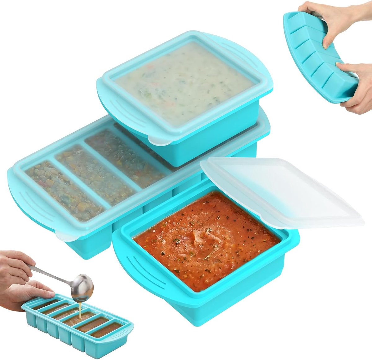 3 stuks siliconen vriesvormen met deksel, bevat 2 x 500 ml, 1 x vriescontainer met 6 vakken, BPA-vrij, stapelbaar, meal prep container voor portie, magnetron en vaatwasmachinebestendig (blauw, 3 stuks