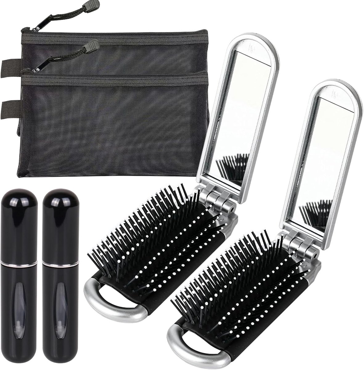 2 stuks mini reizen haarborstel met spiegel set, opvouwbare haarborstel met 2 parfum verstuiver navulfles (5ml) & 2 mesh make-up tas, nat/droog opvouwbare kam, haarstylingtools voor vrouwen mannen
